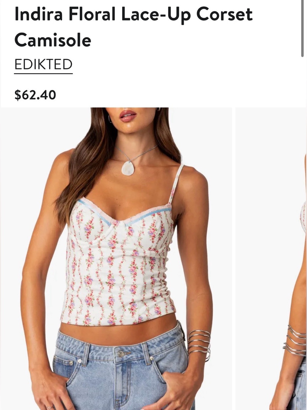 Edikted White Floral Lace-Trim Corset Cami with Pink Flowers and Blue Trim